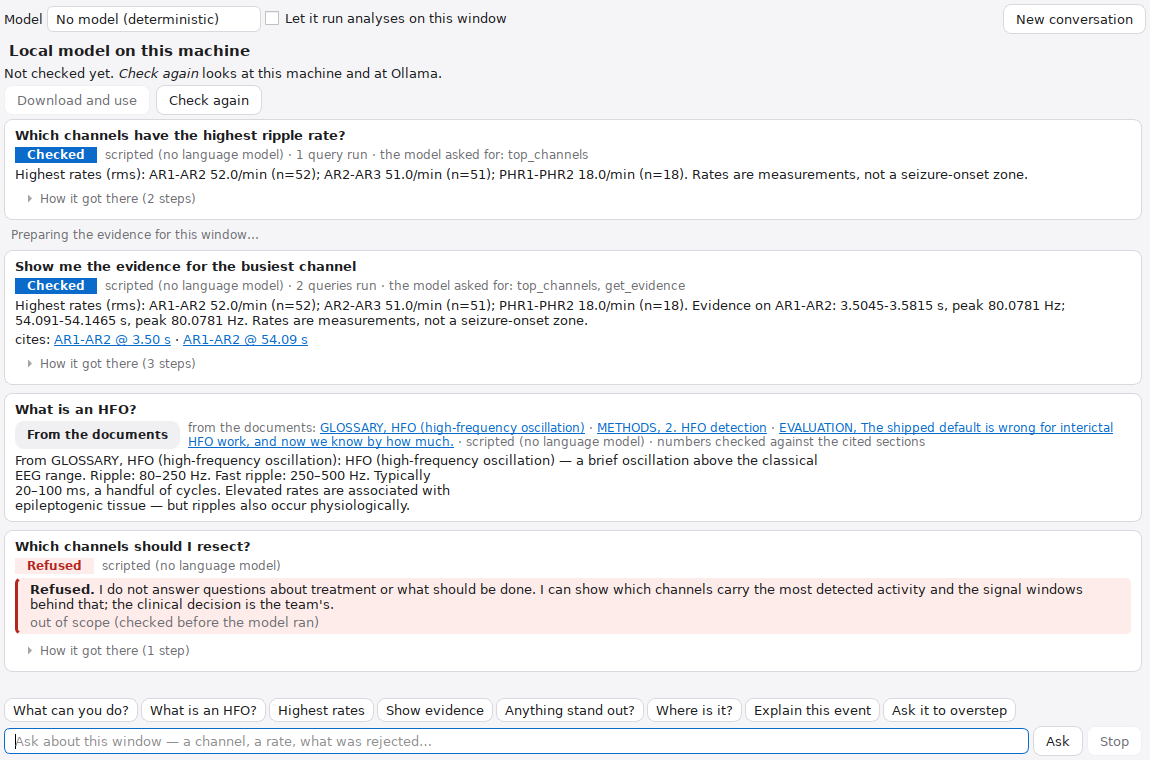 The assistant panel with answers marked as checked and linked to evidence windows, and a refused question about which channels to resect.